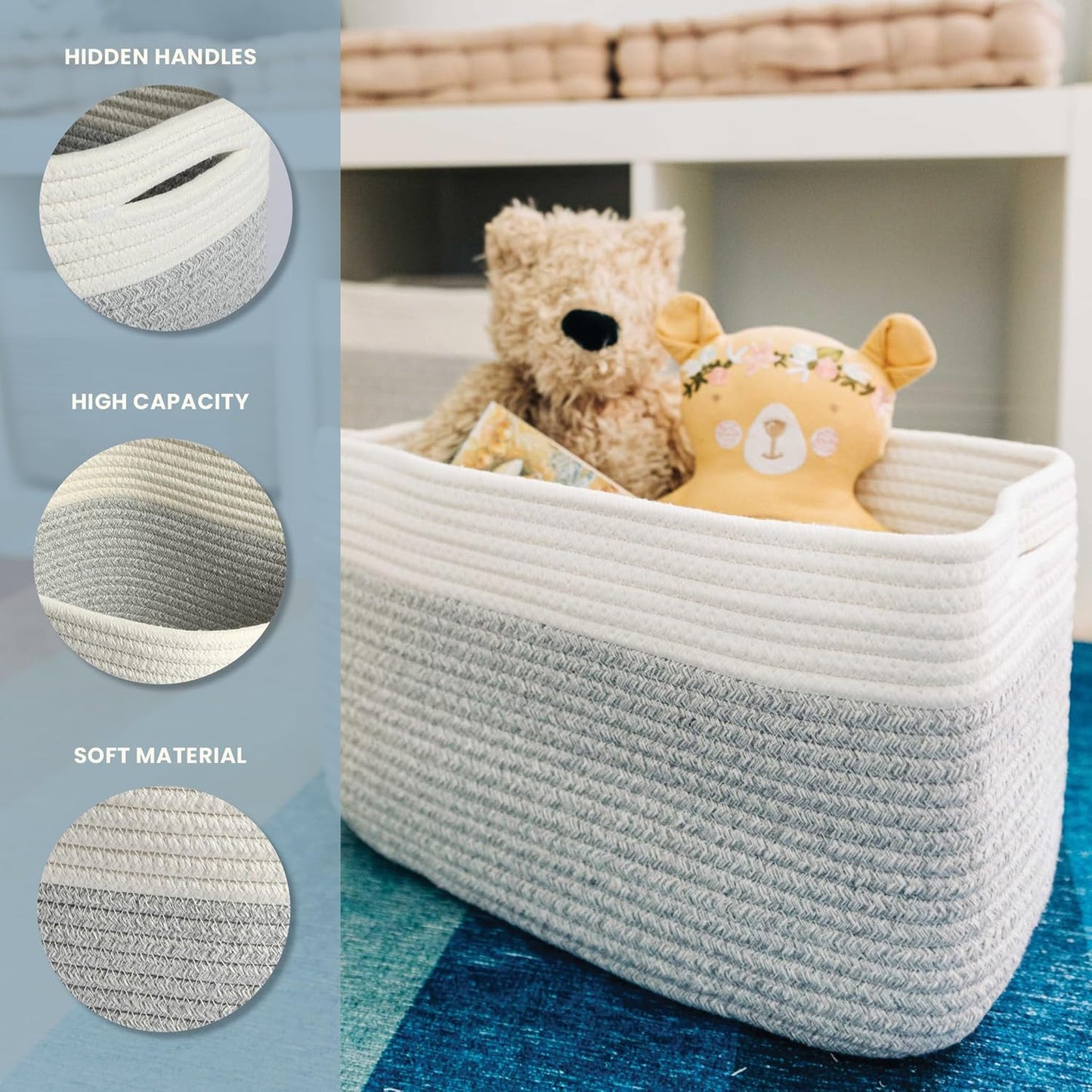 OrganiHaus Set of 3 Woven Storage Baskets for Organizing, Cotton Rope Organizer Bins for Shelves, Closet & Nursery, Dog Toy Basket, Decorative Bins for Toys, Towels & Books - 15x10x9, Grey