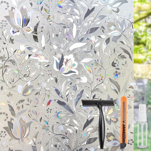 HIDBEA Window Privacy Film, 3D Stained Glass Static Cling - Sun Blocking Anti-UV Heat Control, Reusable Decorative Film for Home/Office Doors, Rainbow Tulip Design (23.6 in x 78.7 in)