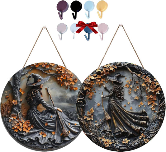 Fanyil/Olygee/Sherum/Shirem/Pubyfun/Glosrity/Libilin/Graddi/Solymody/Gowebs/Goredny/Vianys Witching Hour, Door Way Hanging Decor Halloween, 2D Wooden Round Witches Sign (B+C, 11.8")