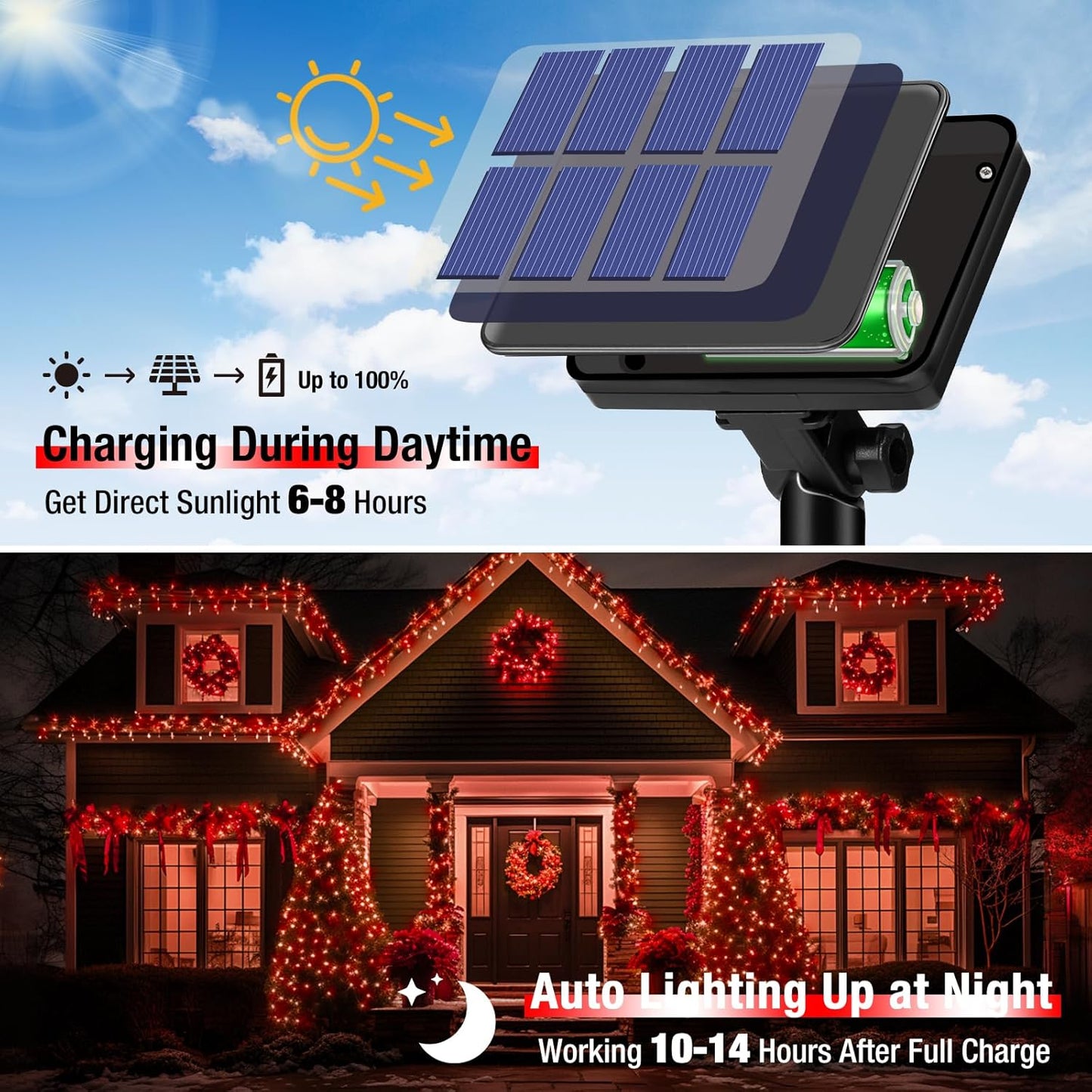 4 Pack Solar String Lights Outdoor - 320LED 132FT Solar Fairy Lights Waterproof 8 Modes, Copper Wire Solar Powered Twinkle Lights for Outside Tree Garden Christmas Wedding Party Decor, Red