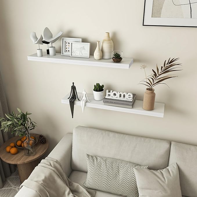 Floating Shelves 36 Inches Long - 8 Inch Deep Rustic Premium Solid Pine Wood for Storage - Farmhouse Wall Mounted for Living Room - Heavy-Duty Metal Bracket - 36" W x 8" D - Set of 2 - White Color