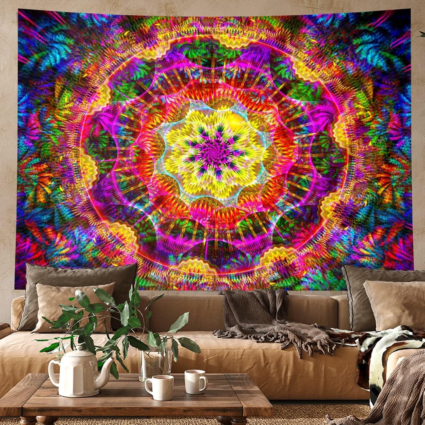 PSYHILAR Blacklight Mandala Tapestry for Bedroom, Psychedelic Black Light Posters for Adults and Teens, Colorful UV Reactive Aesthetic Bohemian Art Wall Hanging Decor (90 x 70 Inches)