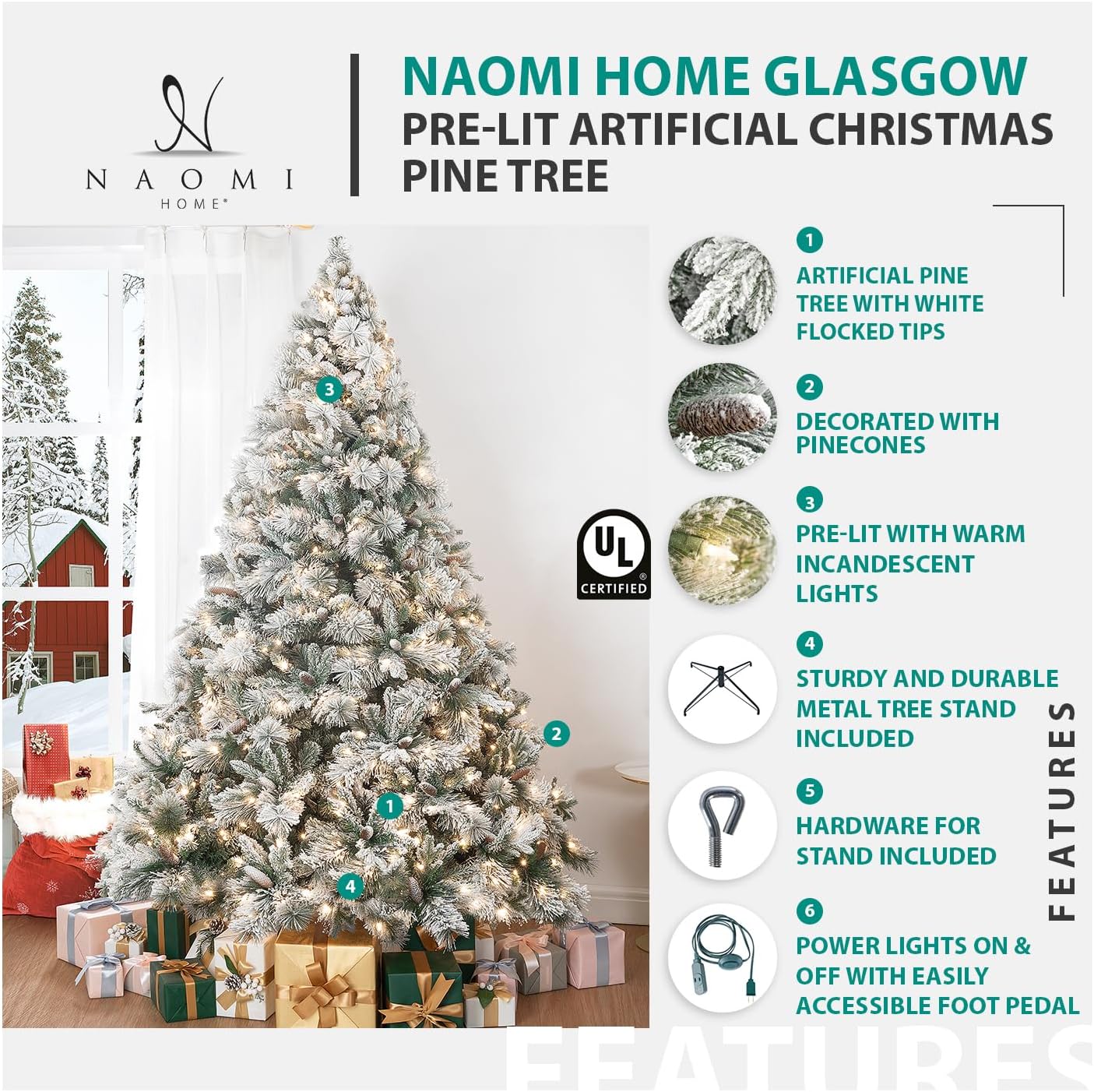 Naomi Home 6.5ft Christmas Tree with Lights Realistic Spruce Christmas Tree Prelit with Foot Pedal 1197 Branch Tips 450 Warm Lights and Metal Stand Aritificial Tree +ürbol De Navidad