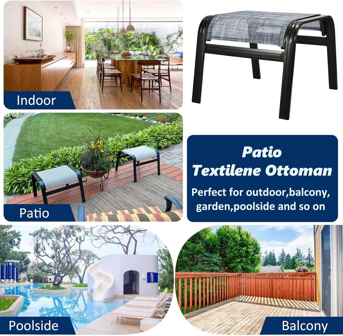 Outdoor Footstools for Patio,Textile Ottomans Metal Dining Footrests Stack Chairs for Lawn,Garden or Porch 2 Set Blue