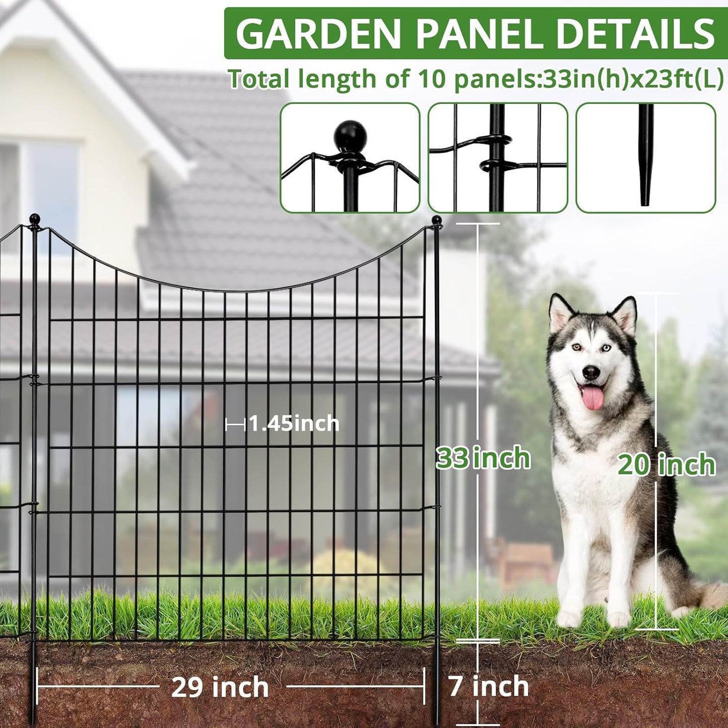 10 Panels No Dig Decorative Outdoor Garden Fence for Yard, 32 in(H) X 23.6 ft(L) Animal Barrier Fencing Rustproof Metal Wire Border for Dog, Rabbits, Landscape Temporary Defense with 11PCS Stakes