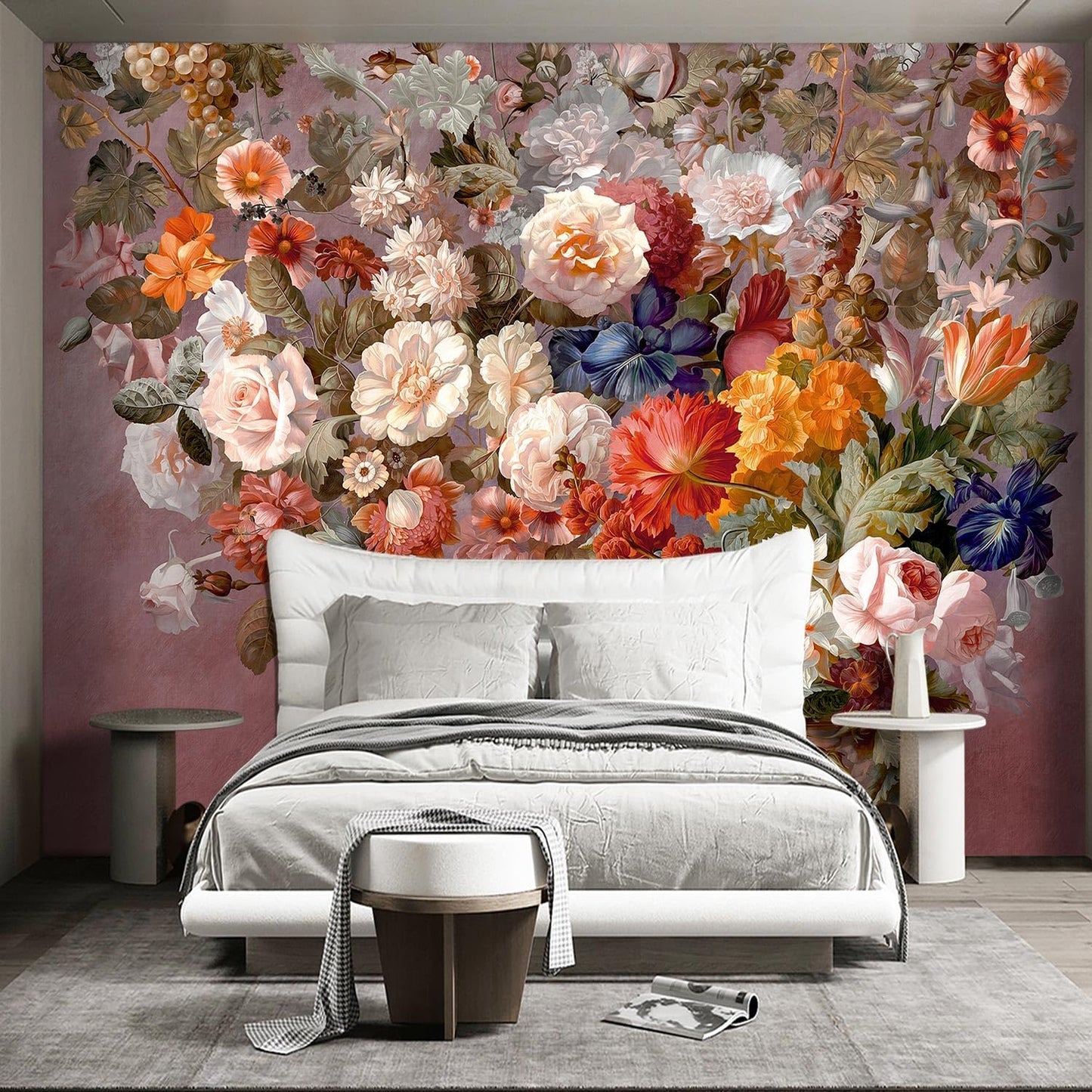 Colorful Floral Leaf Bathroom wallpeper Living Room Bedroom Pink Flower Wall Mural - 160"x108" (Not Peel and Stick)
