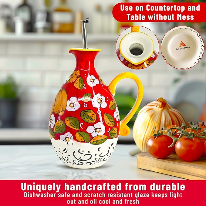 Hand-Painted Ceramic Olive Oil Dispenser Bottle – 40oz Decorative Stoneware Cruet with Stainless Steel Pour Spout – Elegant Kitchen Oil & Vinegar Container, Ideal for Coffee Syrups & More