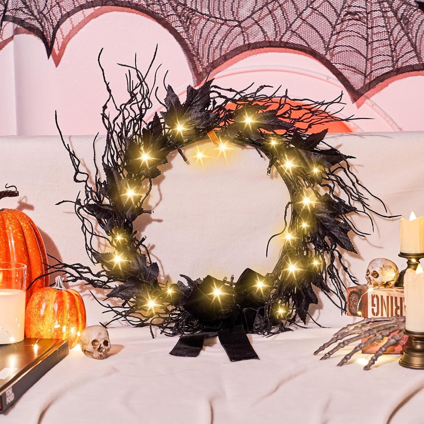 JORNOY 16inch LED Halloween Wreath with Battery Timer - Black Artificial Leaves&Silk Ribbon Decor Hanging for Front Door, Mantel, Porch, Wall, Party Decorations