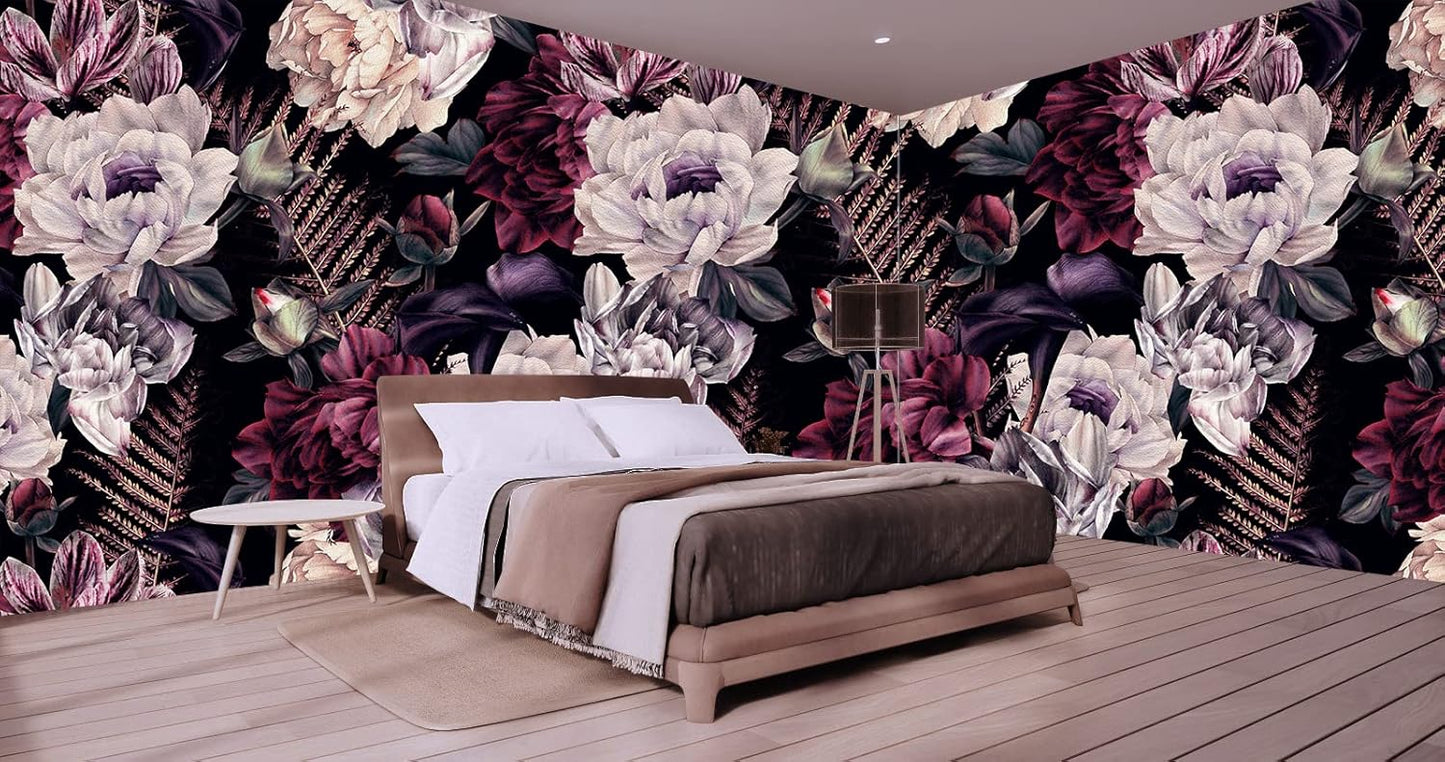 Floral Wallpaper Watercolor Dark Peony Flowers Mural Wallpaper for Bedroom Living Room (Not Peel n' Stick)