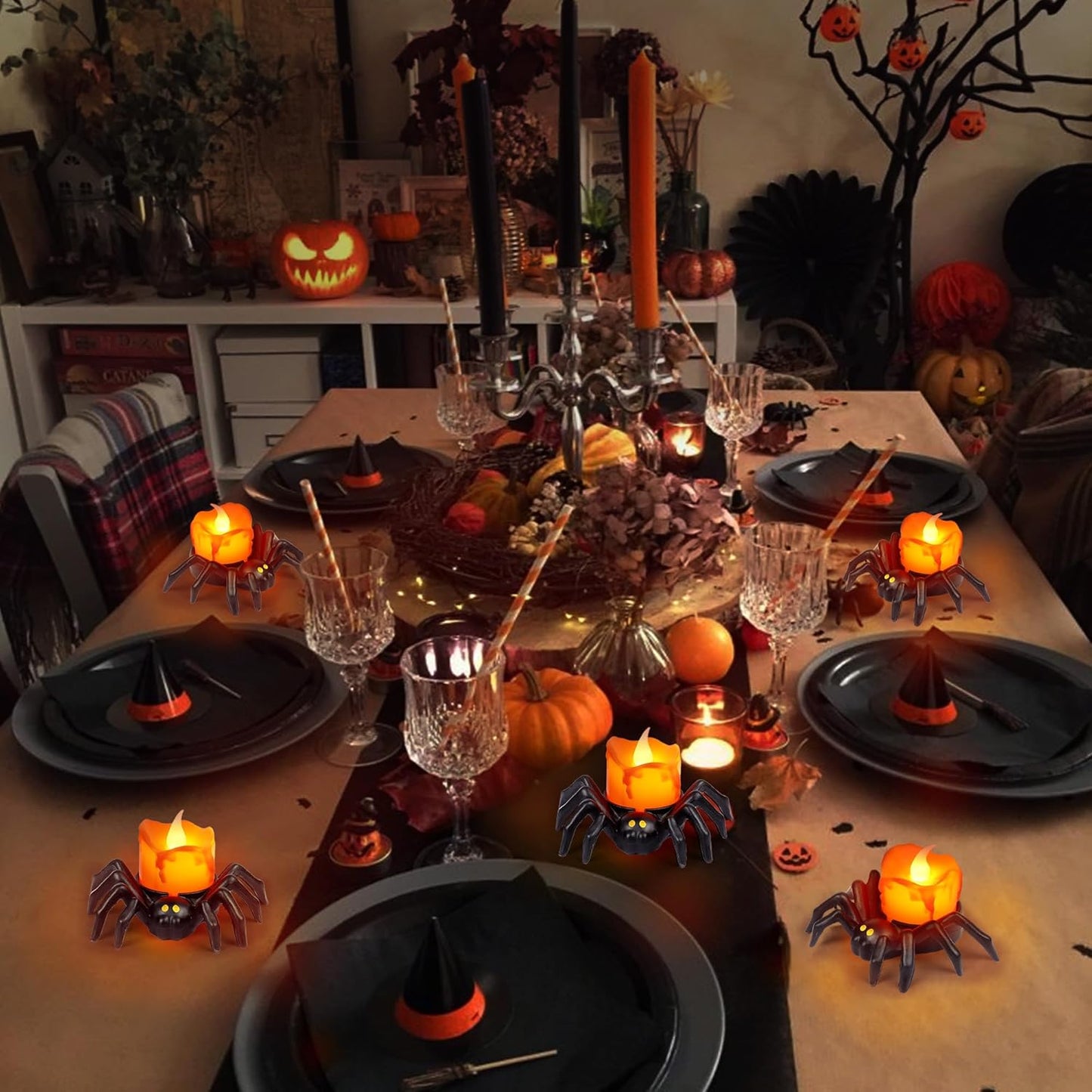 6 Pack Halloween Flameless Candles Battery Operated LED Spider Tealight Candles for Halloween Home Decorations, Light Up Halloween Decorations Indoor for Table Party Office Fireplace Halloween Gifts