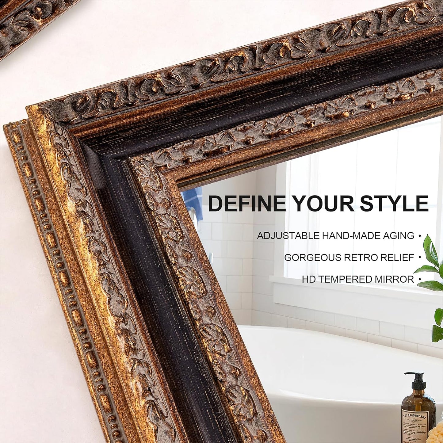 Antique Bronze Mirror 36.5" X 25", Bathroom Wall Mirror with Ornate Carvings Solid Wood Frame, Handmade Aging, for Vintage Living Room, Hallway and Bedroom