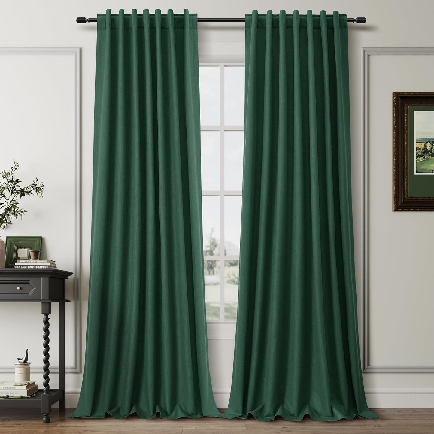 BOODII 100 Inch Blackout Curtains 2 Panels Set Back Tab Rod Pocket Thermal Insulated Green Linen Black Out Curtains Noise Reducing Living Room Darkening Window Drapes Linen Textured 52x100