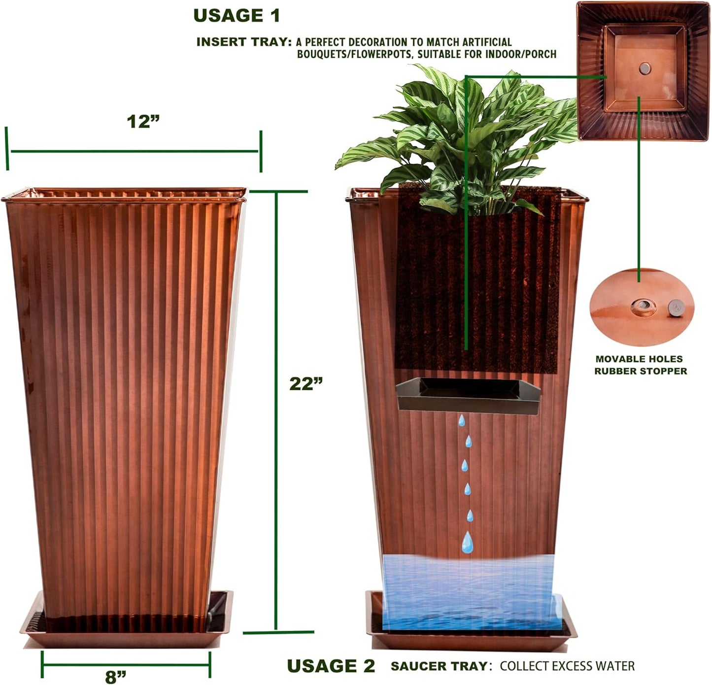 22in Vintage Handmade Metal Vertical Lines Copper Tapered Planters,Planter Box with Drainage Holes and Saucer -Set of 2, Galvanized Steel Planter for Indoor/Outdoor/Porch/Garden