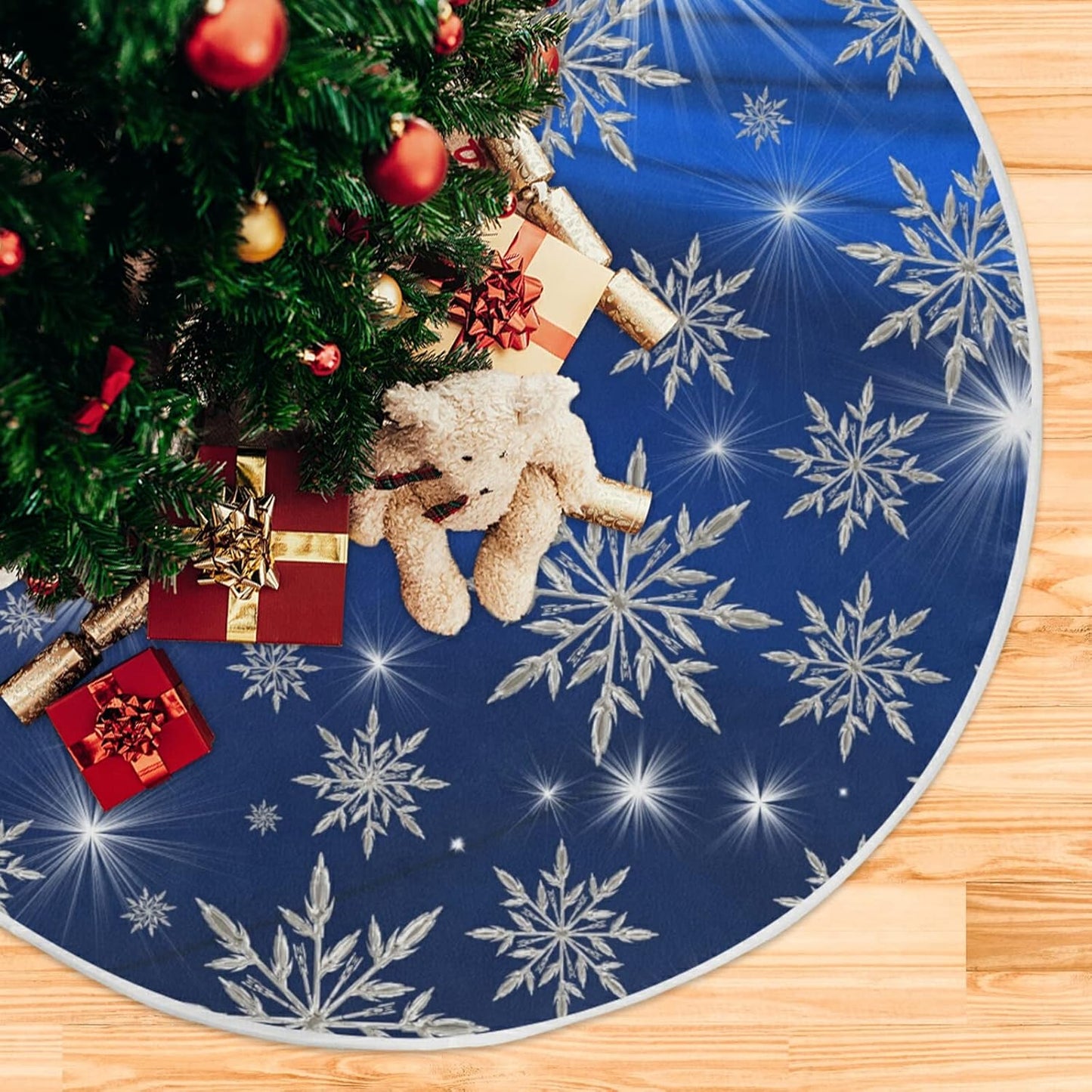 Christmas Blue Snowflakes Background Tree Skirt, Seasonal Tree Mat Holiday Party Supplies Ornaments Indoor Outdoor Decorations for Tabletop Trees 47.2 Inches