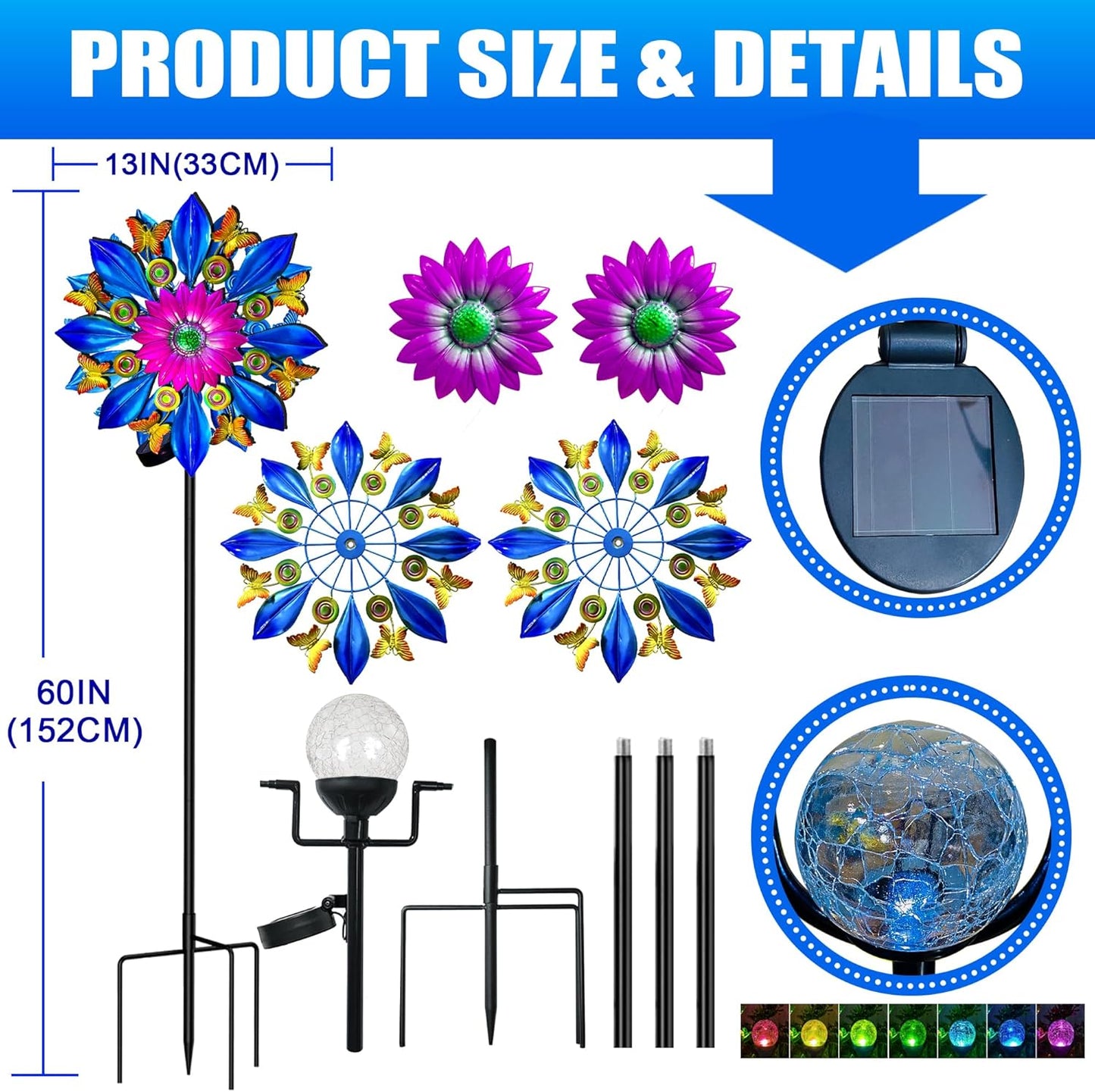 60 Inch Solar Wind Spinner Outdoor - Double-Sided Rotating Colorful Kinetic Wind Spinners for Garden, Yard Decorations Outdoor,Metal Wind Sculptures & Spinners, Wind Art