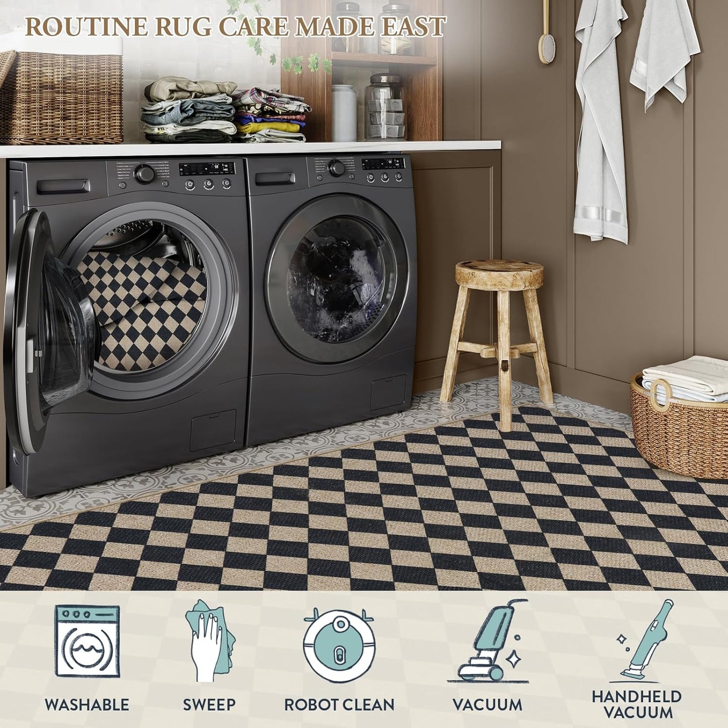 Lahome Checkered Easy Jute Outdoor Rug, 5x7 Farmhouse Rugs for Living Dining Room, Washable Non Slip Non Shedding Floor Carpet for Sunroom Mudroom Backyard Deck