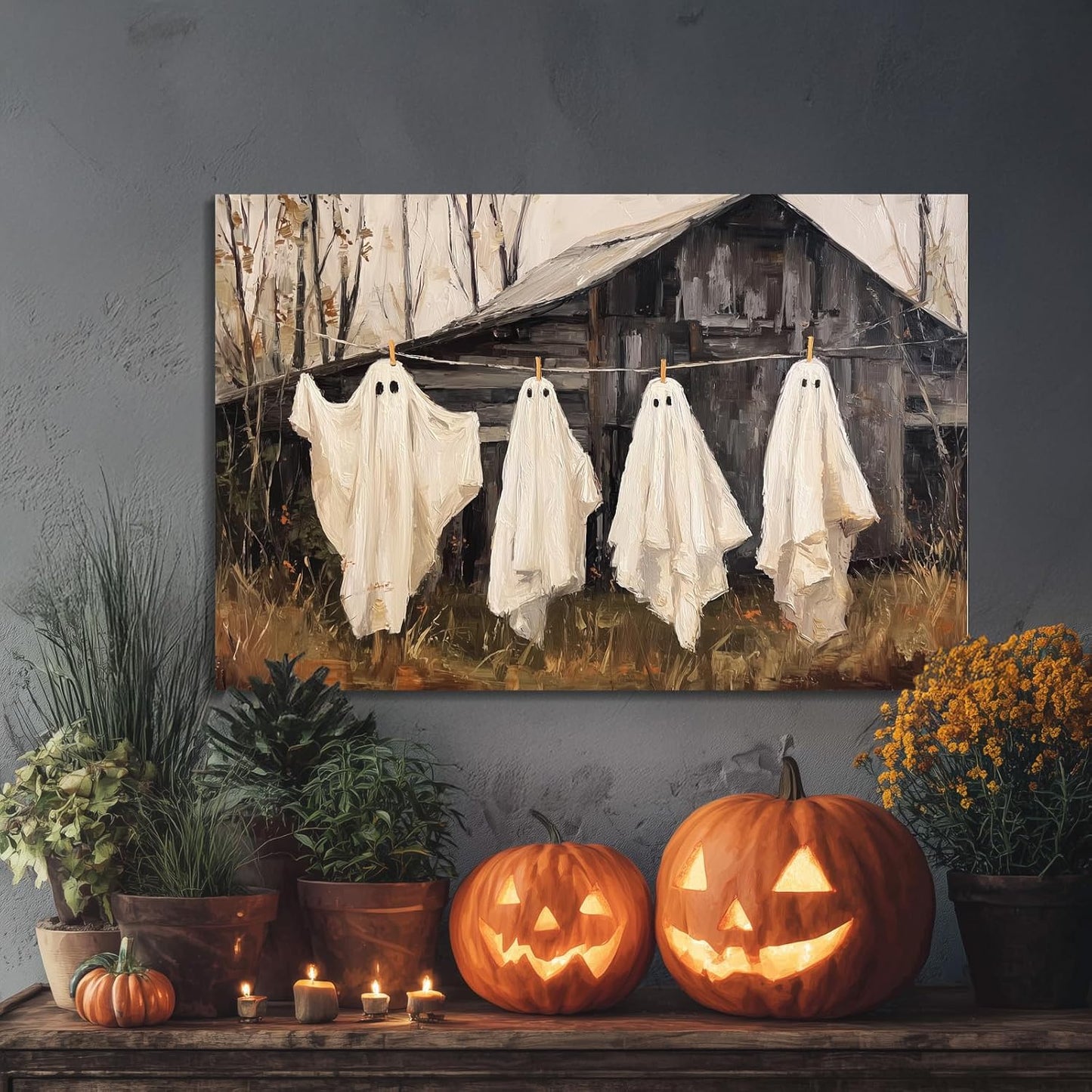 Laoife Halloween Canvas Wall Art, Vintage Spooky Creepy Spooky Ghost Laundry Prints, Farmhouse Gothic Wall Decoration, Dark Academia Halloween Party House Decoration (Ghost 3)