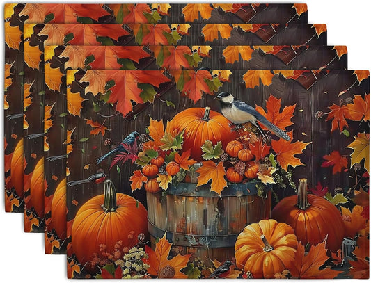 Pumpkin Maple Leaf Bird Fall Placemats Set of 4 Autumn Thanksgiving Seasonal Holiday Harvest Linen Table Mats Orange Brown Washable Place Mats for Party Kitchen Dining Outdoor Indoor Decor