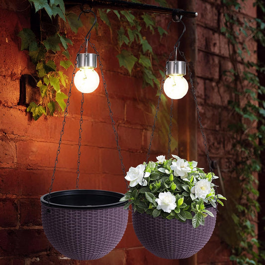 Hanging Planters for Outdoor Plants,2 Pack Coffee Artificial Rattan Solar Hanging Baskets with Drainage Holes & Removable Tray,Hanging Flower Pots Gardening Gifts for Women/Mothers