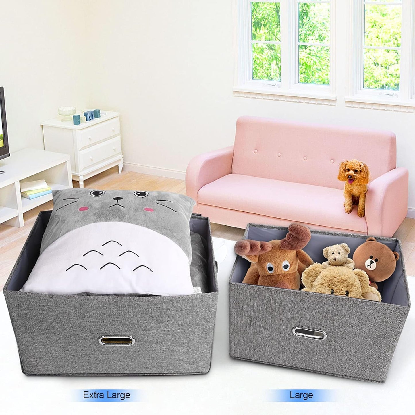 Large Linen Fabric Foldable Storage Bins with Removable Lid and Handles, Washable Storage Box Organizer Containers Baskets Cube with Cover for Bedroom,Office(Black, Extra Large)