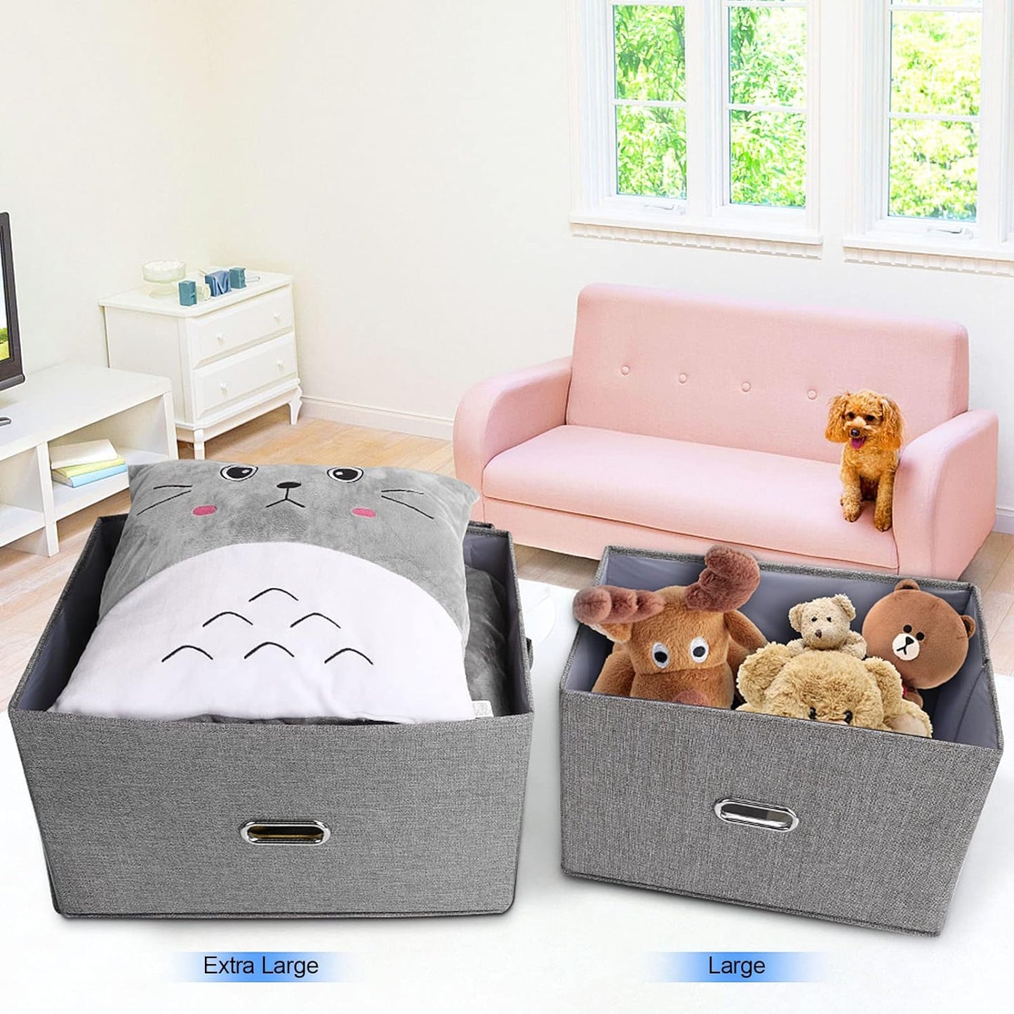 Large Linen Fabric Foldable Storage Bins with Removable Lid and Handles, Washable Storage Box Organizer Containers Baskets Cube with Cover for Bedroom,Closet,Office,Nursery (Grey, Extra Large)