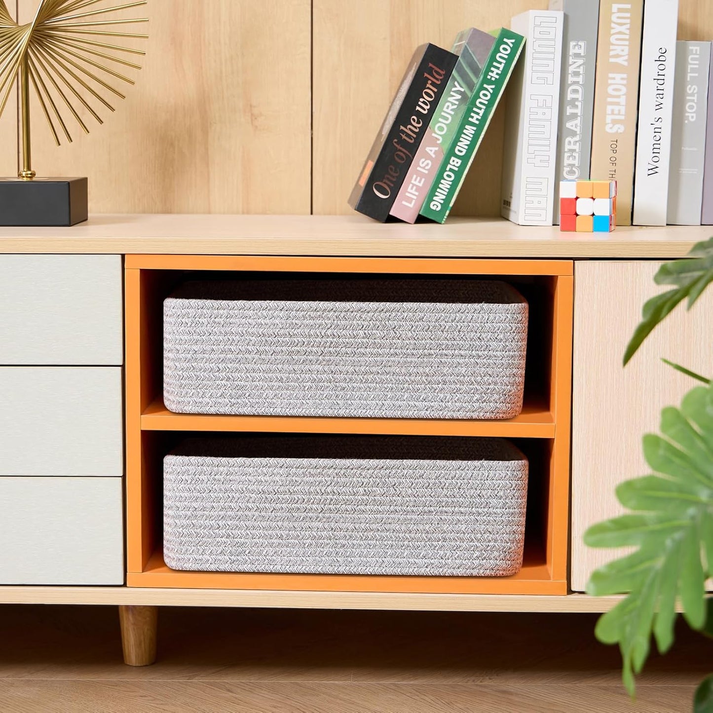 Large Shallow Organizing Baskets 15x11x5.1 Inches - Rope Woven Storage Bins for Bathroom, Shelves, Cube Closet, Mixed Grey 2 Packs