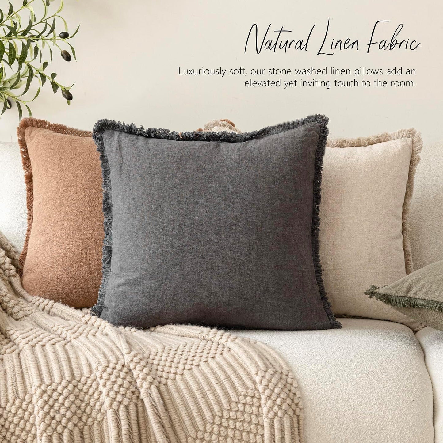 Foindtower Set of 2 Decorative Linen Fringe Throw Pillow Covers Cozy Boho Farmhouse Cushion Cover with Tassels Soft Accent Pillowcase for Couch Sofa Bed Living Room Home Decor, 26×26 Inch, Gray