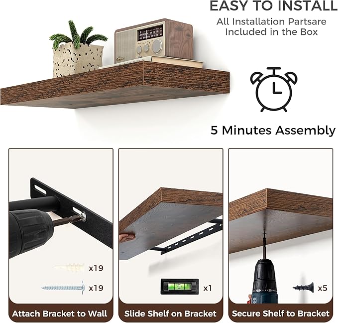 Floating Shelves - 2 Large Wall Mounted Shelves with Invisible Brackets, Long Wood Floating Wall Shelf for Living Room, Bedroom, Kitchen (Brown, 36" W x 9" D x 1.5" H)