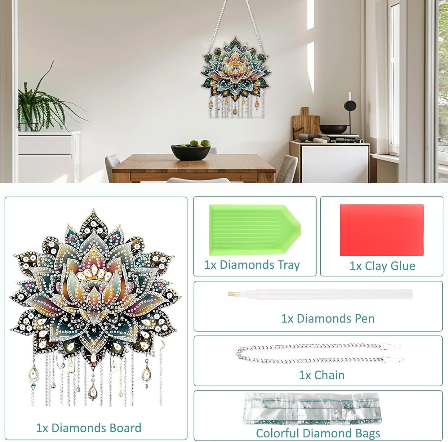 SENQAO Lotus Diamond Art Hanging Kit for Adult, Special Shaped Rhinestone, Double Sided DIY Acrylic Diamond Art Painting Window Pendants Home Garden Wall Hanging Kits Hanging Ornament