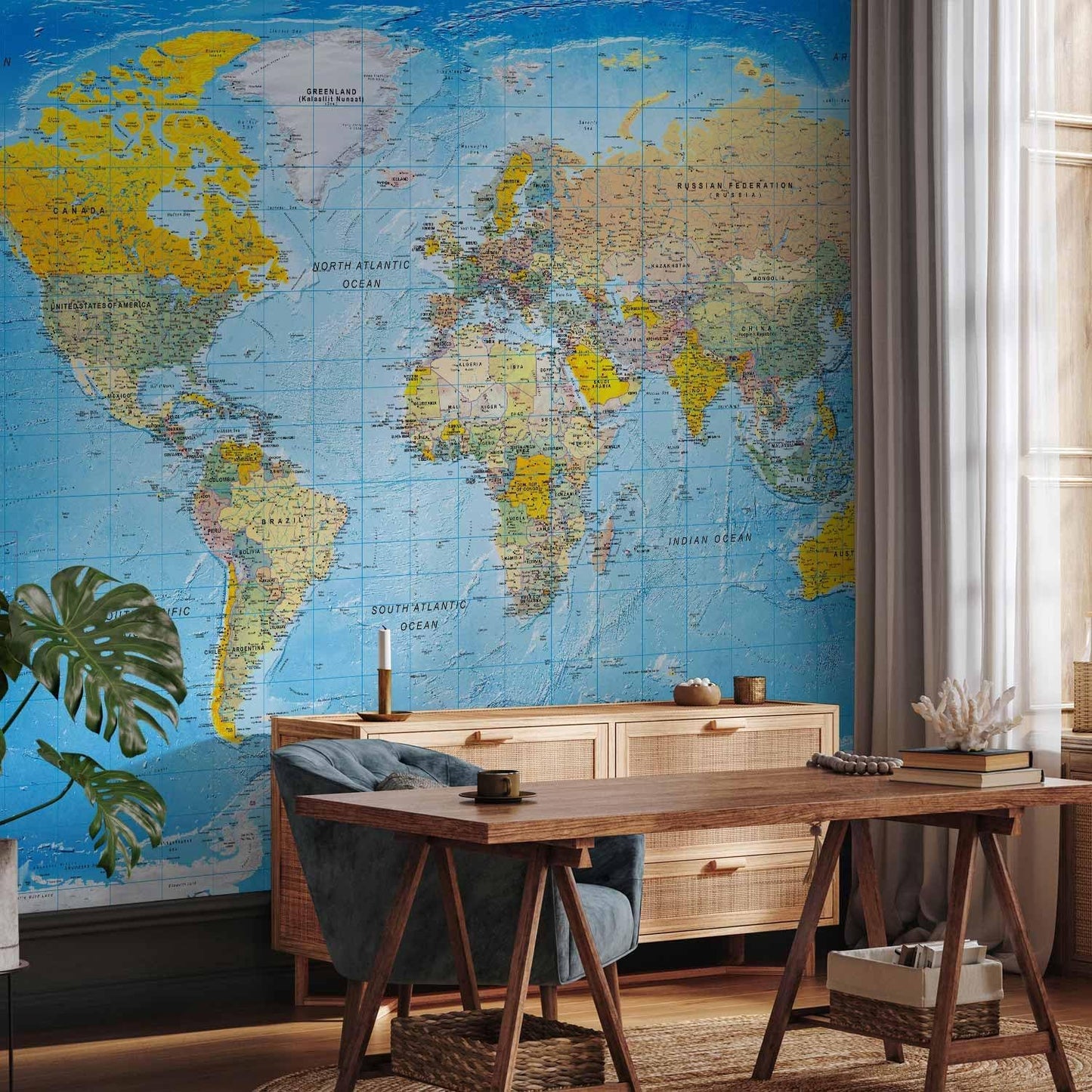 artgeist Premium Wall Mural World Map 138x101 in - XXL Non-Woven Wallpaper Fleece Wall Decor Photo Print Picture Image Design Home Map of The World k-A-0109-a-a