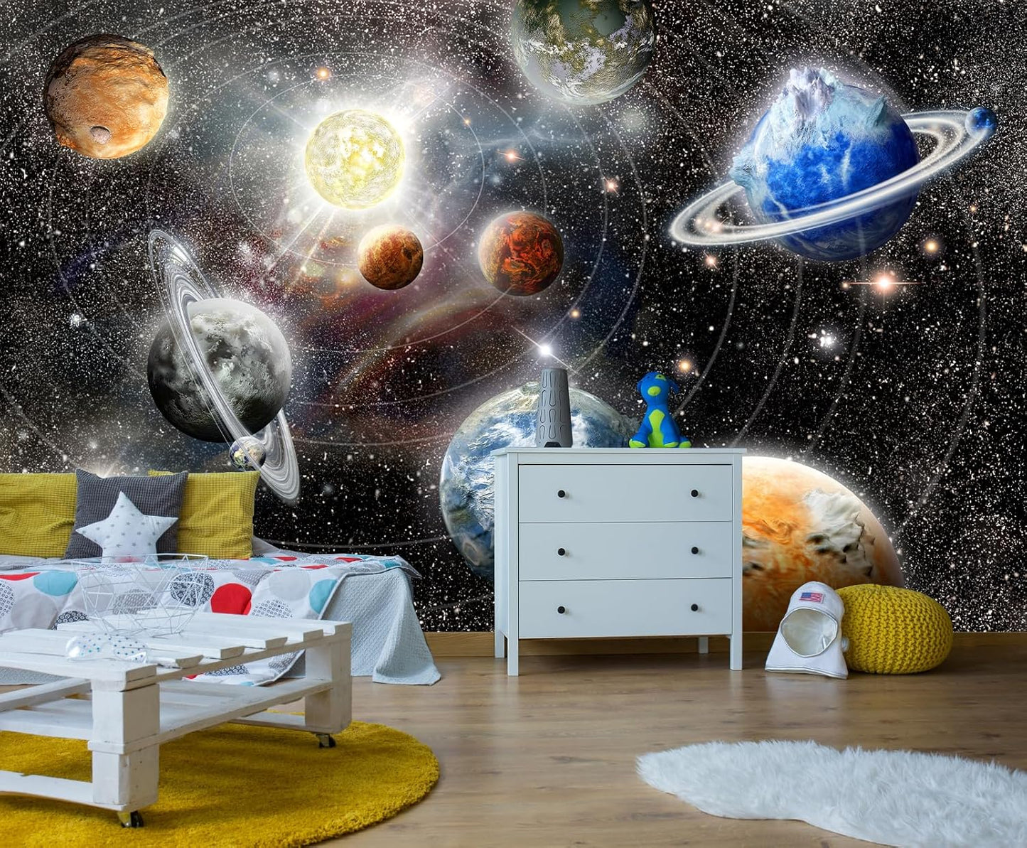 Galaxy Starry Sky Wall Mural Saturn Mars Venus Planet Wallpaper for Kids Room Bedroom Living Room(Not Peel and Stick)