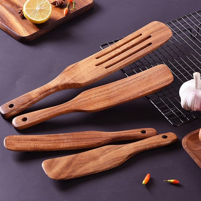 Wooden Spoons for Cooking,GUDAMAYE 10 PCS Wooden Kitchen Utensils Set,Wooden Cooking Utensils For Non-stick Pan,Teak Wood Utensils Set,Spurtles Kitchen Tools As Seen On Tv