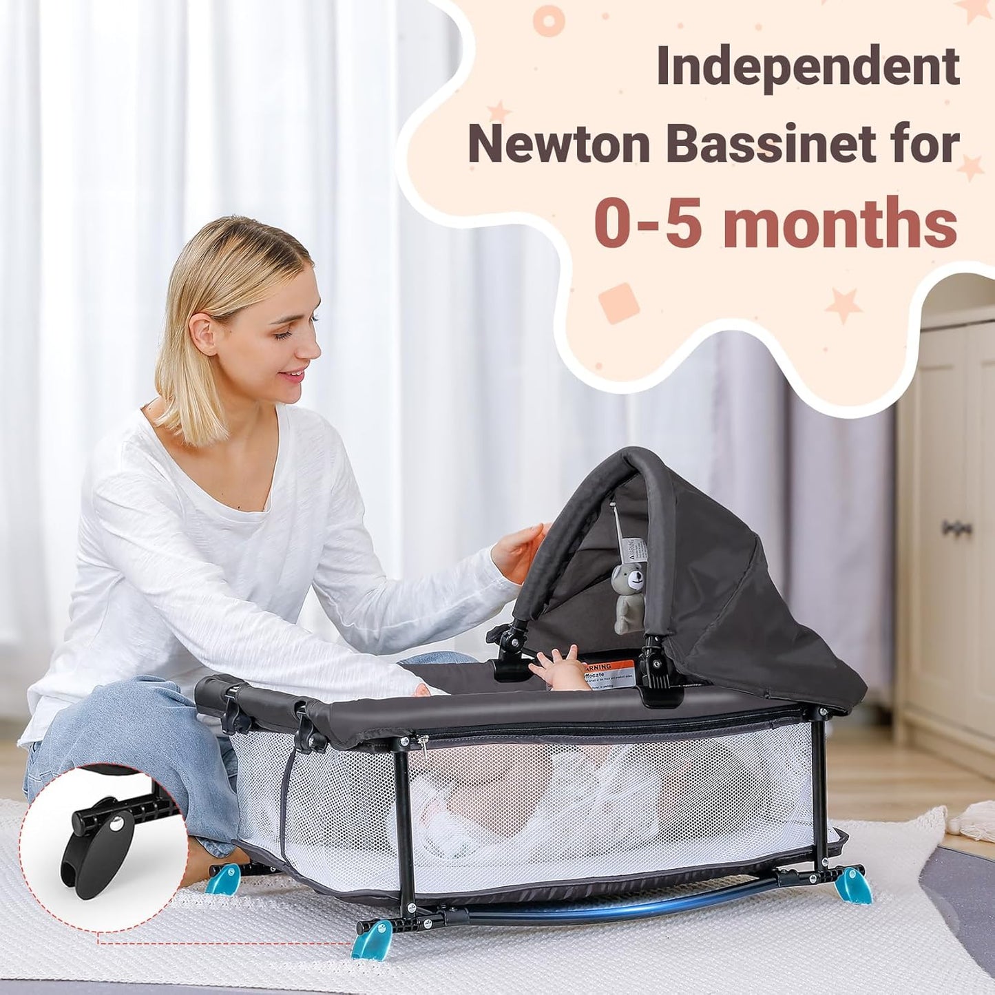 ELEMARA 5 in 1 Pack and Play, Adjustable Baby Bedside Bassinet Sleeper,1-Second Setup Foldable Playard from Newborn to Toddles,Bedside Crib with Changing Table,Portable Travel Bassinet,Ziper Door,Gray