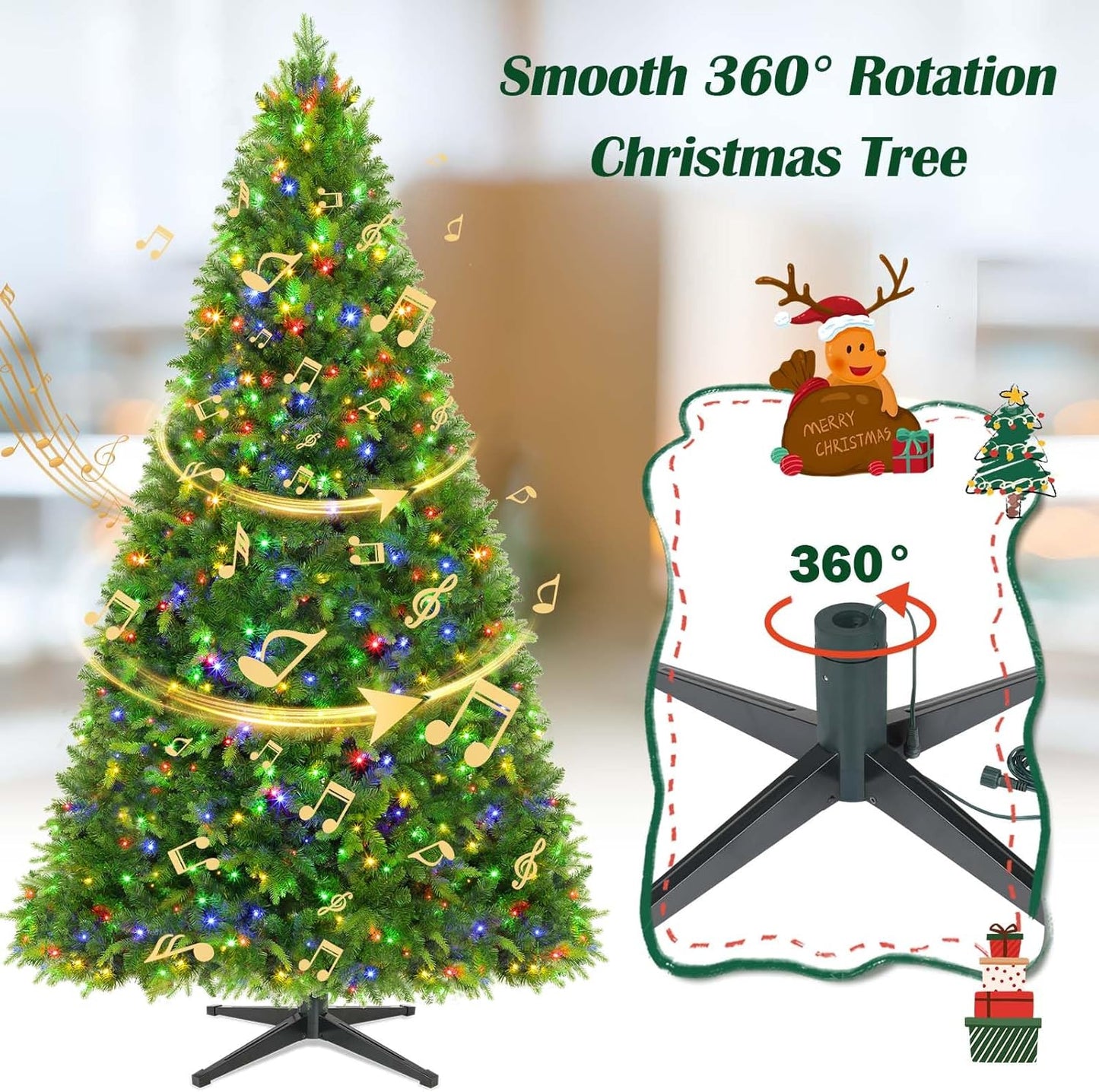 9FT Pre-Lit Christmas Tree with Remote Control, Multi-Color LED Lights, Musical Rotating Christmas Tree Stand, Easy Assembly in 3 Sections, Foldable Metal Stand for Home Holiday Decor