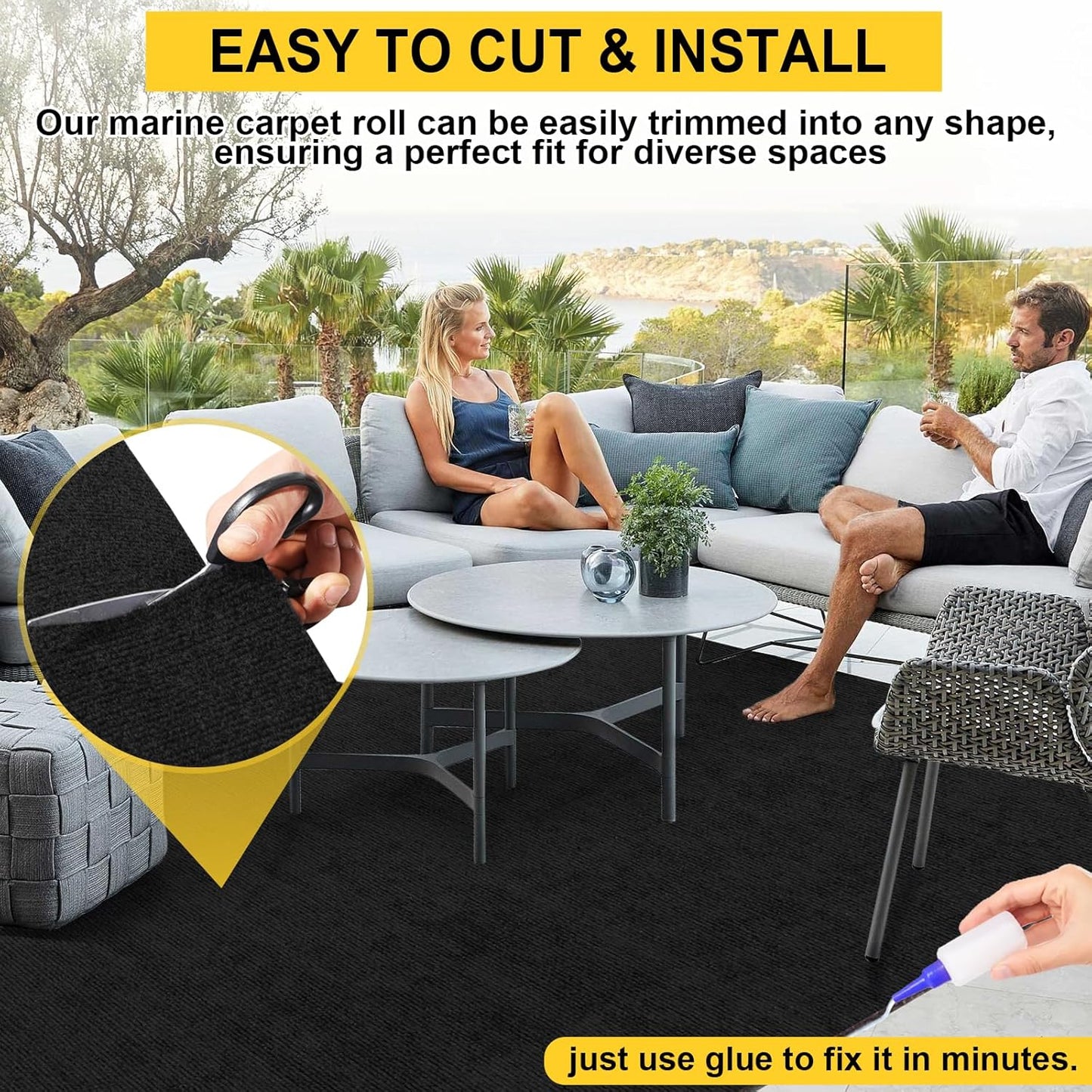 Marine Carpet,6 FT x 23 FT Black Indoor Outdoor Carpet 0.2" Thick Boat Carpet with Water-Proof TPE Backing, Non-Slide Outdoor Marine Carpet Roll for Home, Patio, Porch, Deck