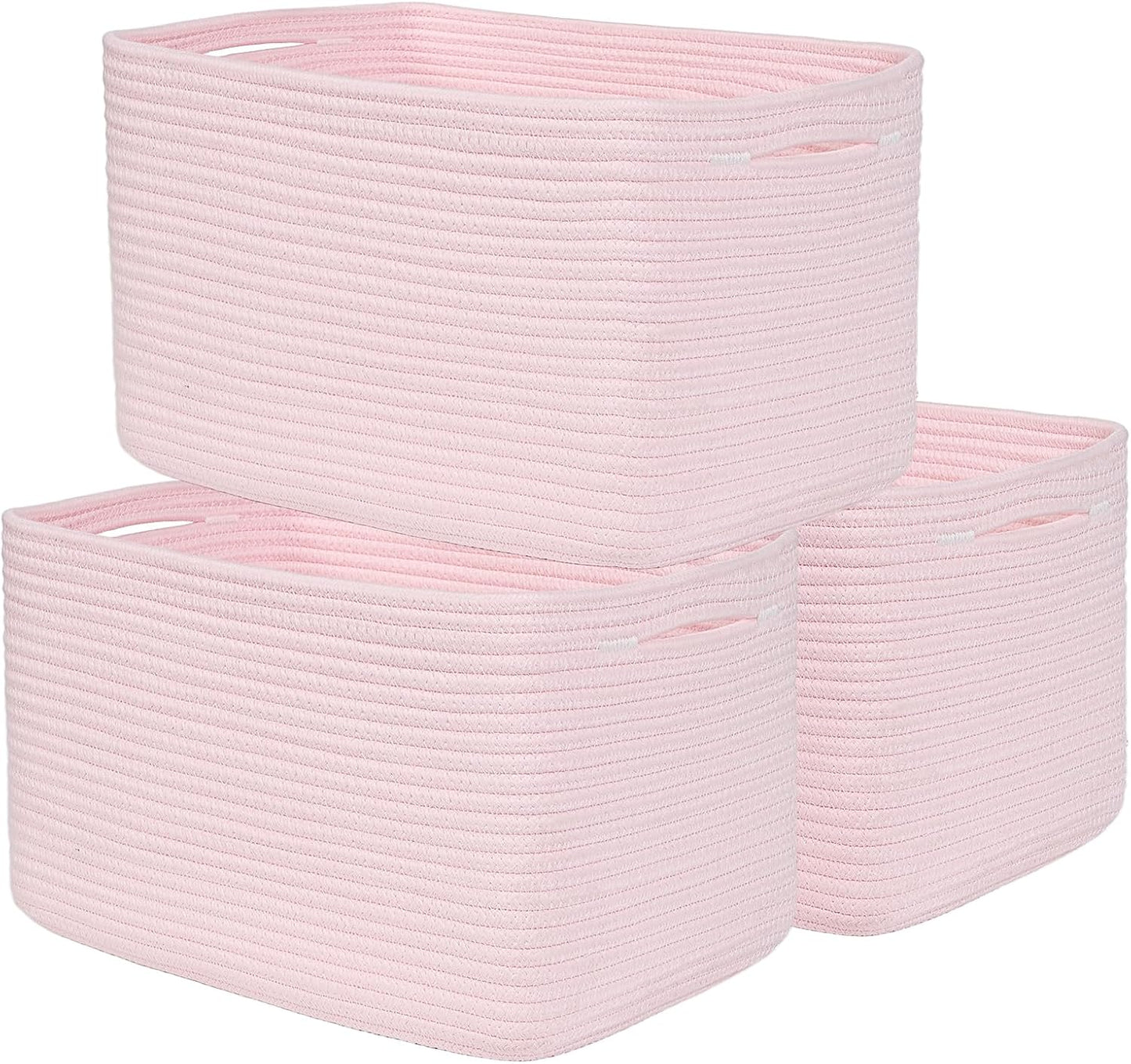 3-Pack Shelf Baskets for Organizing, Woven Storage Basket for Shelves, Cotton Rope Storage Bins for Toys Books, Nursery Towel Baskets for Classroom, 14.96"X9.8"X8.85", Pink