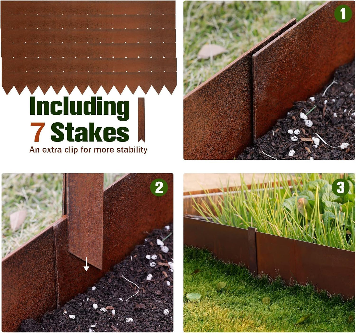 Worth Garden 6 Pack Cor-Ten Steel Landscape Edging w/Rust Patina Finish - 40" L x 8" H Strips - Hammer-in 14-Gauge Metal Corten Edging Border w/ 7 Clips & Gloves - Edge for Lawn Yard (20Ft Total)
