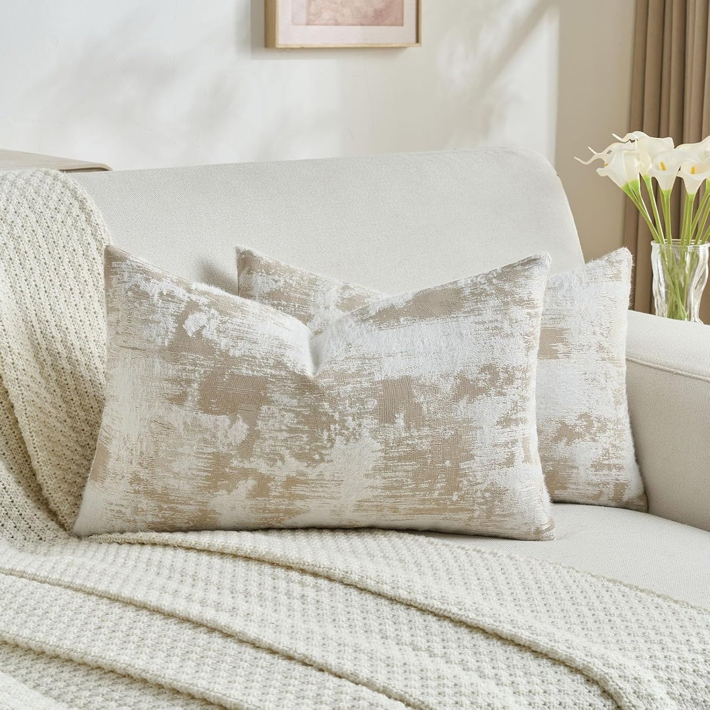 FUTEI Brown White Decorative Throw Pillow Covers 12x20 Inch Set of 2,Soft Faux Cashmere Jacquard - Textured & Cozy Pillow Case,Modern Home Decor for Couch Bed Living Room