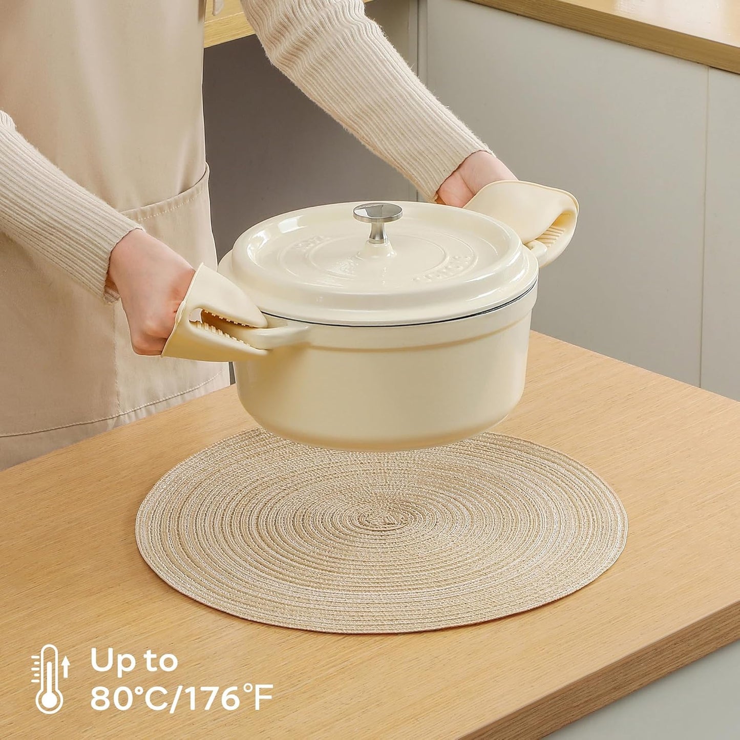 Leetaltree Round Placemats Heat and Slip Resistant Cotton Table Mats, Washable Bohemian Placemats for Dining Tables (Beige, Set of 12)