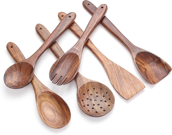 Wooden Spoons for Cooking Utensils Set with Holder, Spoon Rest & Hooks, Teak Wood Nonstick Kitchen Cookware