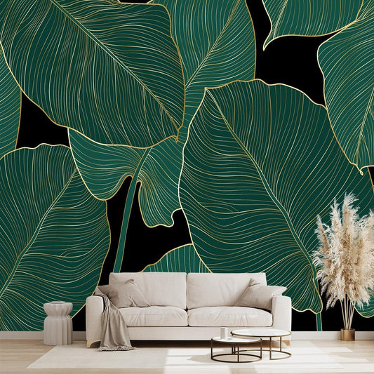 Black and Gold Leaf Mural Bedroom Tropical Green Botanical Wallpaper Room Plant Decor Living Room tv Background Large Wall Mural - 137"x96" (Not Peel and Stick)