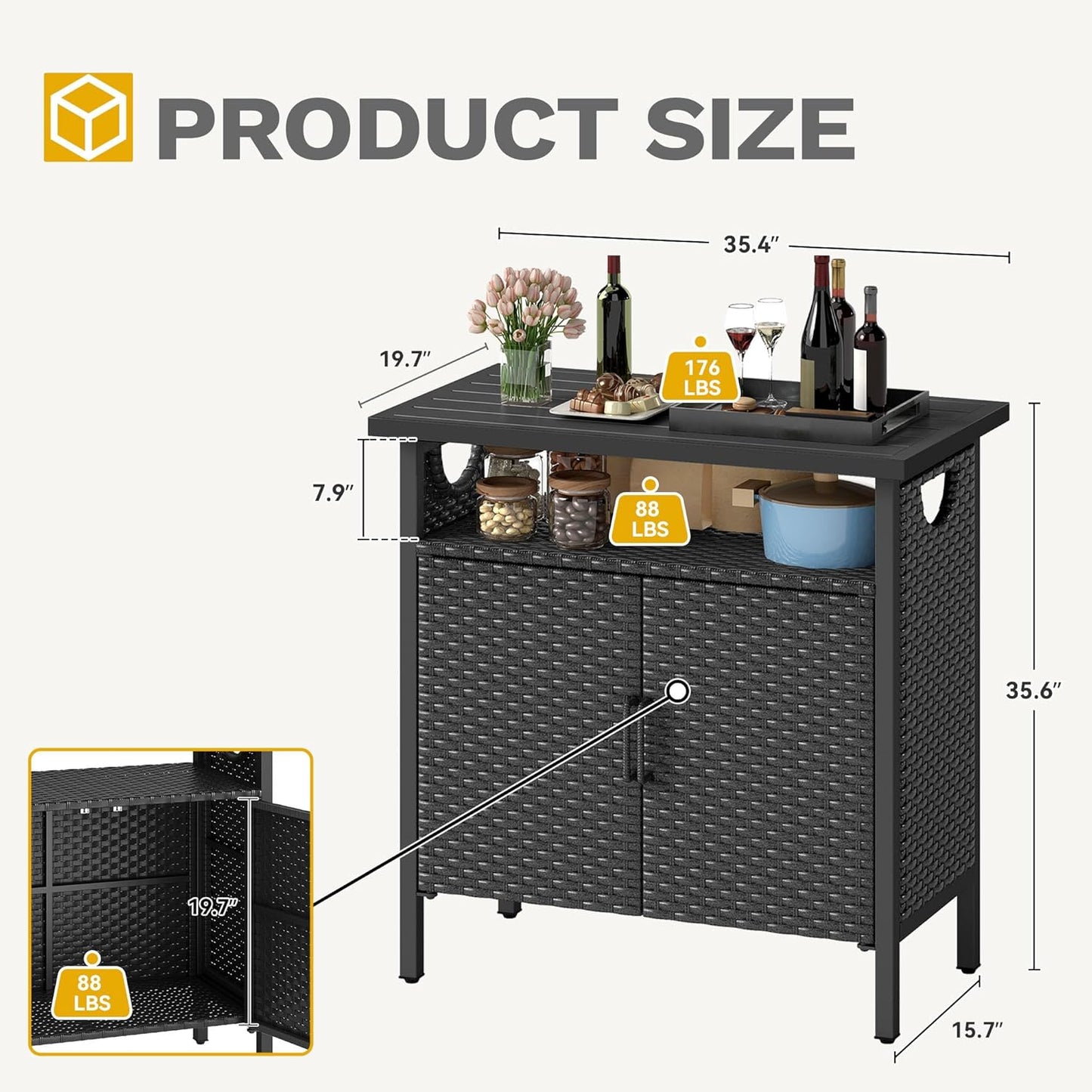 DWVO Patio Storage Cabinet, Outdoor Buffet Cabinet with Two Doors and Shelves, Outdoor Storage Bar Table with PE Rattan for Patio, Backyard, Garden - Black