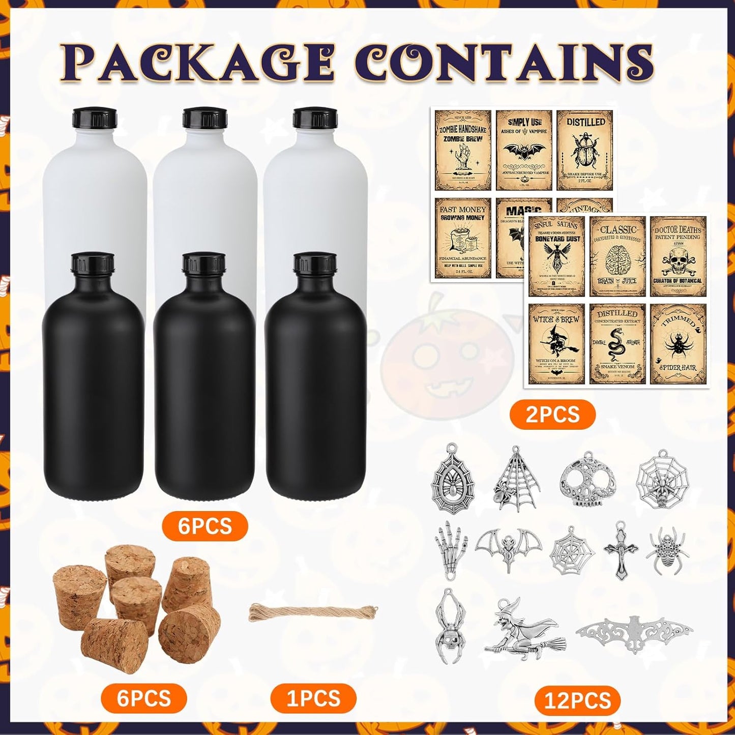 Uiifan 31 Pcs Halloween Potion Bottles Set Including Glass Apothecary Bottles with Cork Stickers and Pendants Halloween Decorations Indoor Party Supplies(White, Black,16 oz)