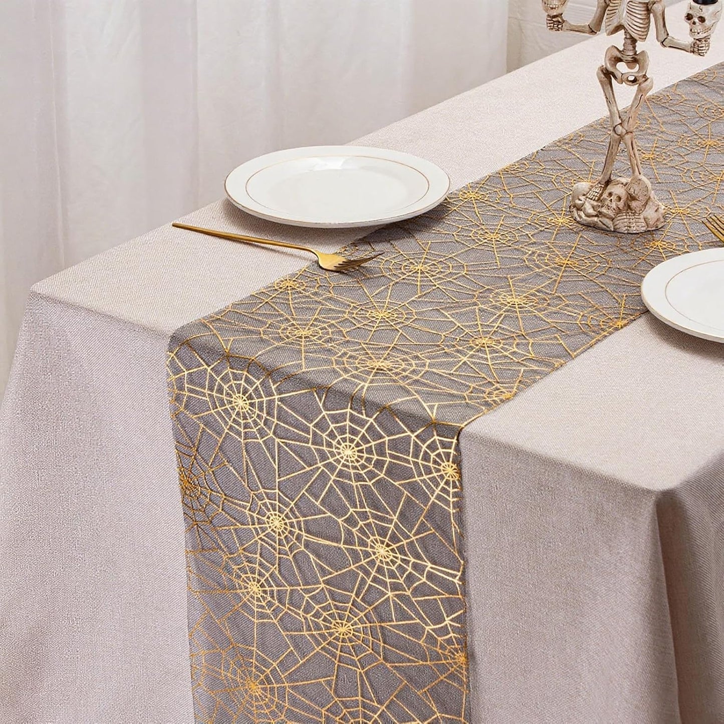 Halloween Spider Web Table Runner Foil Metallic Thin Mesh Runners Gold Spider Web Table Runners for Tables Kitchen Dining Decorations Party Supplies 11*108"