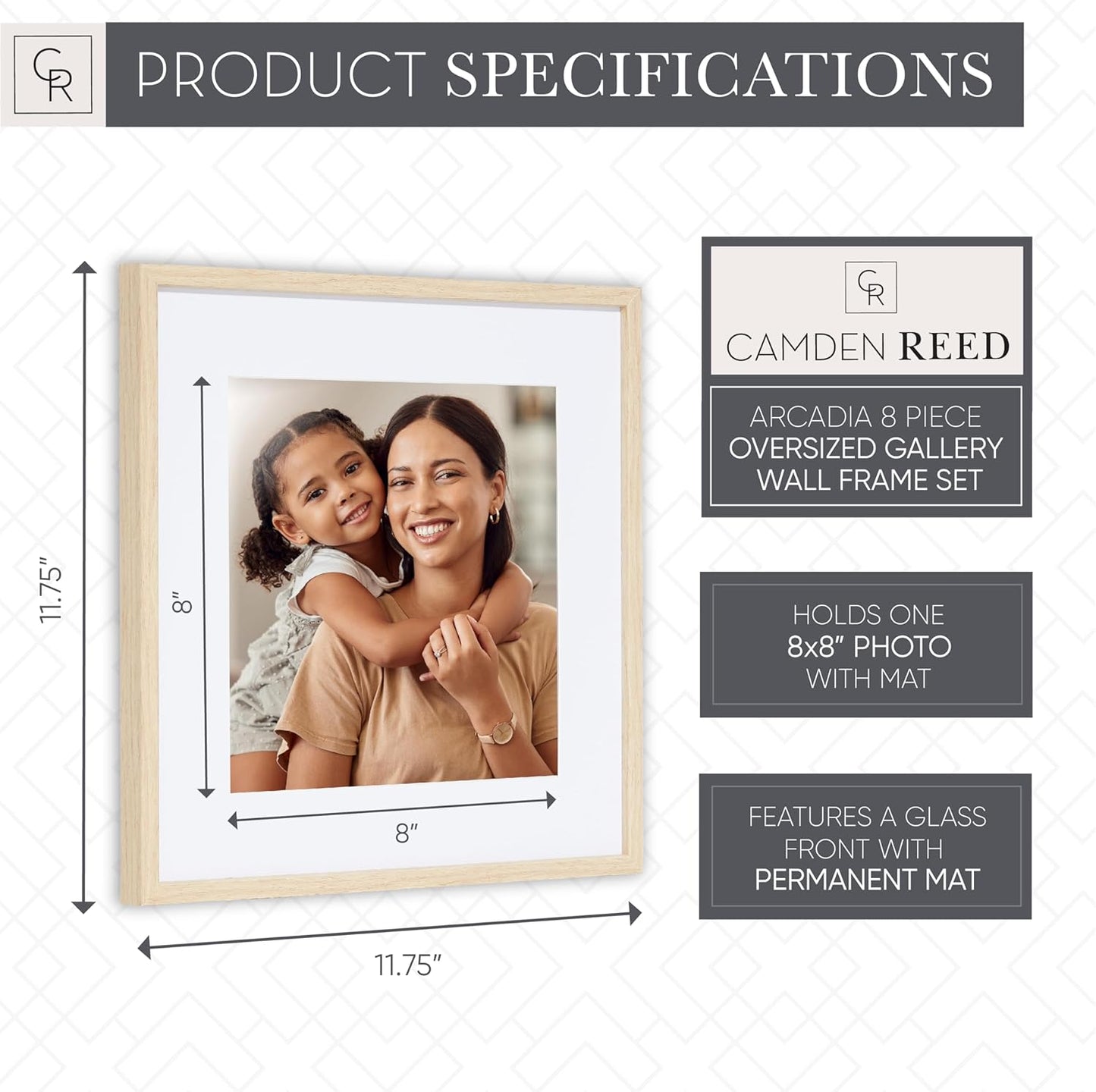 Camden Reed Arcadia 8 Piece Oversized Gallery Wall Frame, 11x14 and 11x11 inch matted frames for featuring 8x10 and 8x8 Inch Photographs or Art Prints, Natural Finish