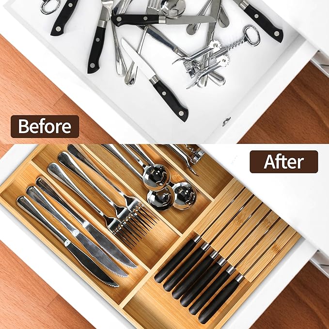 VaeFae Bamboo Silverware Organizer (Non-expandable), Utensil Holder for Drawer, Wooden Cutlery Tray with Divider for Kitchen Drawer, Utensil Organizer with Knife Block