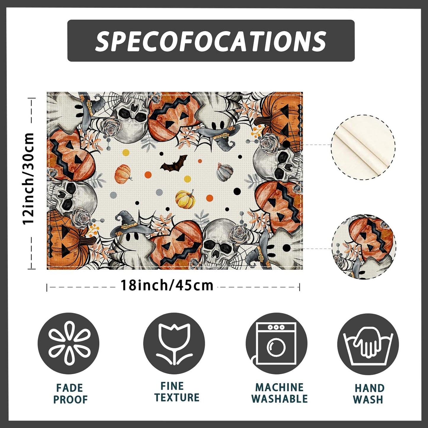 XCHI Spooky Skeleton Ghost Pumpkin Halloween Placemats Set of 4 Table Mats for Party Home Kitchen Dining Table Decorations 12x18 Inch