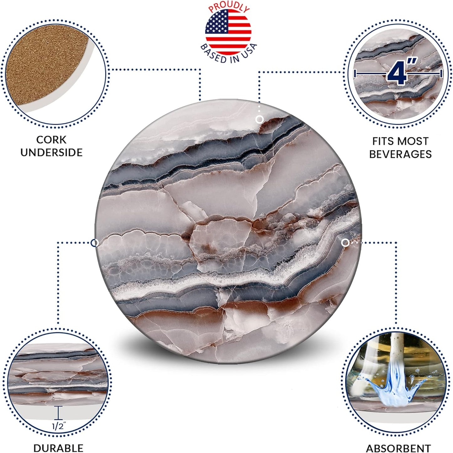 Emerson Coasters for Drinks Absorbent – Natural Stone Drink Coasters Set with Holder, Coasters for Coffee Table, Wooden Tabletop Protection Marble Style – 100% Heavy Duty, Set of 6 (Onyx)