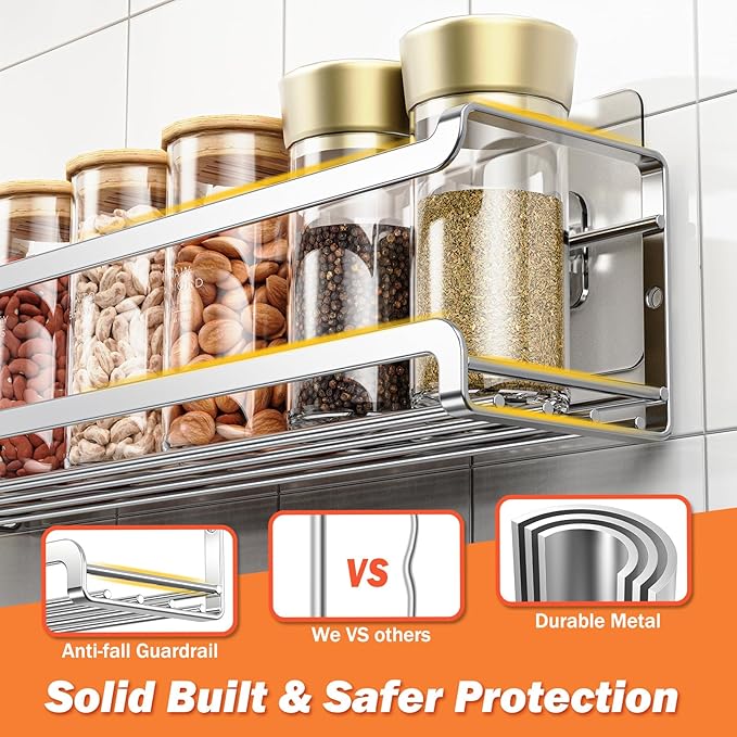 Spice Rack wall mounted 2 Pack, Space-Saving Spice Organizer for Spice Jars and Seasonings,Screw or Adhesive Hanging Spice Rack Organizer for Your Kitchen Cabinet,or Pantry Door,Silver
