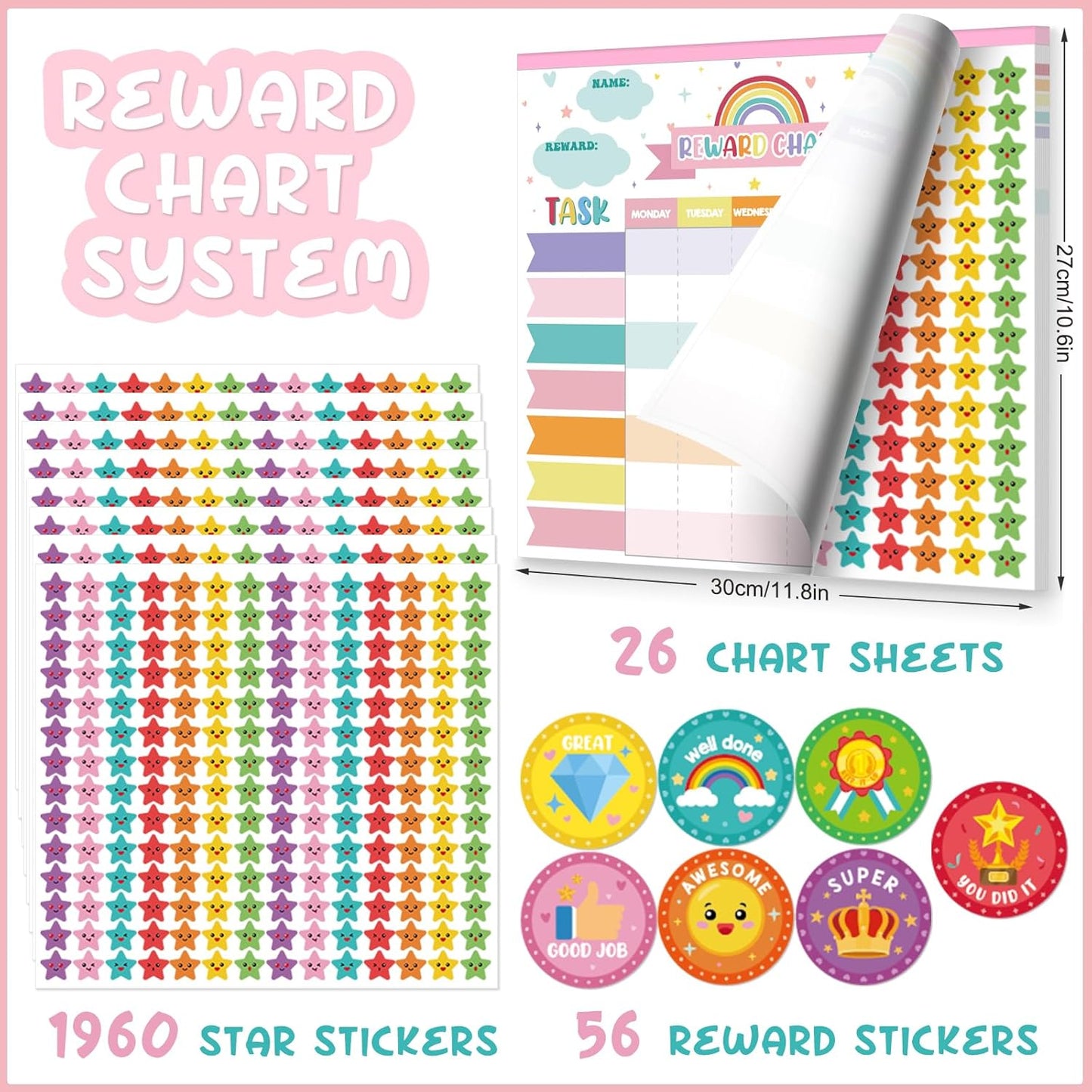 Reward Chart for Kids,Magnetic Behavior Chore Chart for Kids at Home,26 Rainbow White Chore Charts,1960 Star Stickers,56 Reward Stickers,Incentive Chore Chart to Develop Responsibility and Good Habits